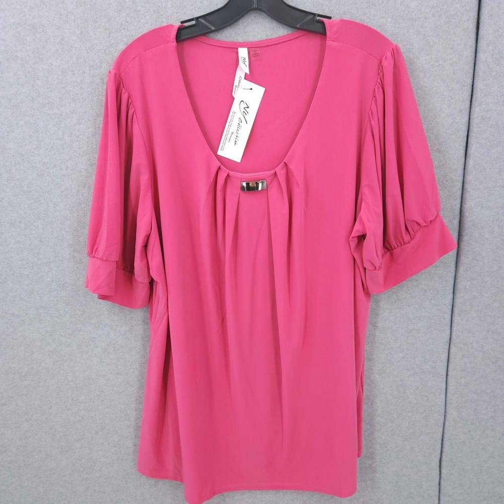 NY Collection Short Sleeve Balloon Sleeve Pink Magenta Scoop Neck Top Womens 2X